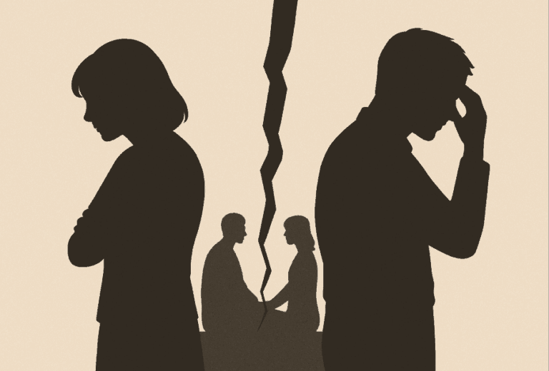 부부 갈등으로 갈라지는 그림자 실루엣