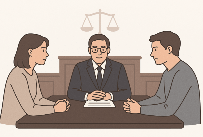 법정에서 마주 앉아 있는 부부의 일러스트